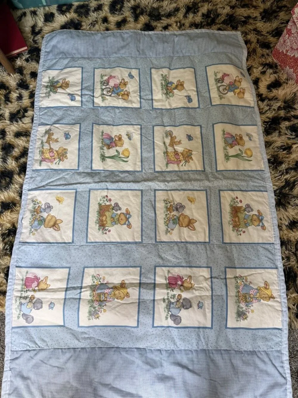 Vintage Baby Quilt Blanket Mother Goose Reversible Bunnies 33 x 52